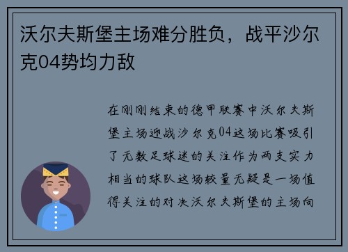 沃尔夫斯堡主场难分胜负，战平沙尔克04势均力敌