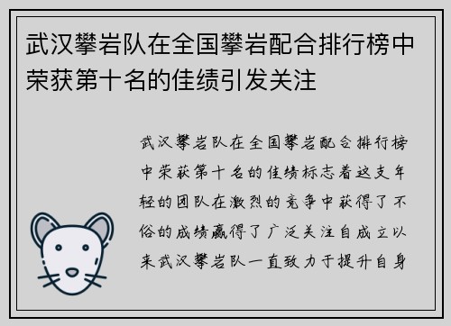 武汉攀岩队在全国攀岩配合排行榜中荣获第十名的佳绩引发关注